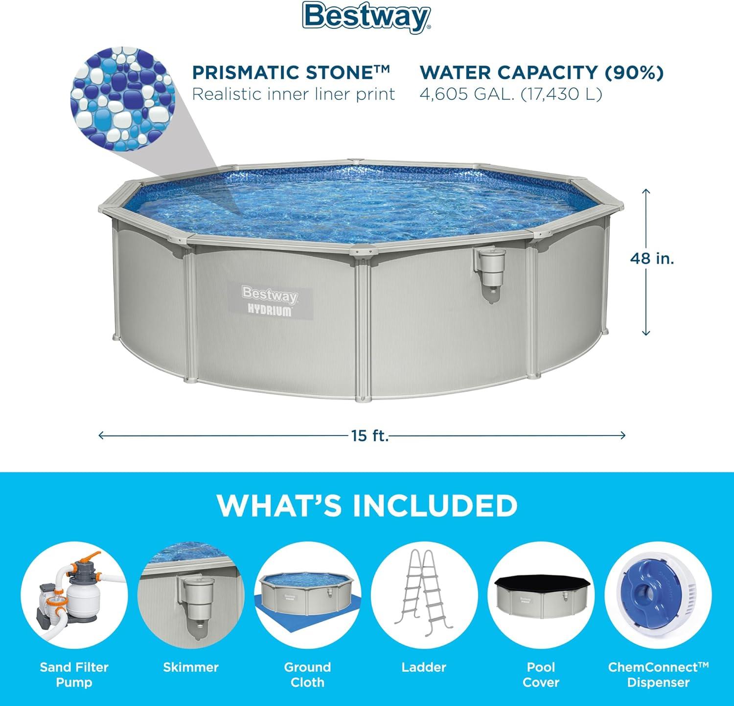 Bestway Hydrium 15' x 48" Steel Wall Above Ground Swimming Pool Set, Gray