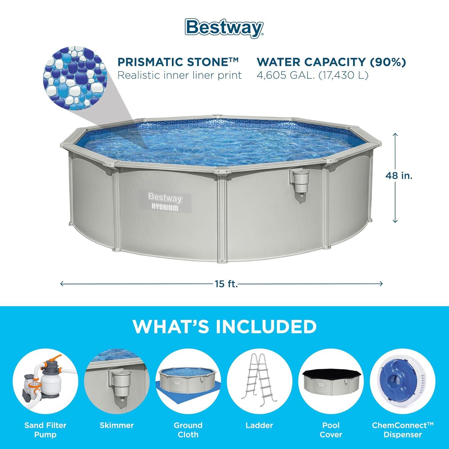 Bestway Hydrium 15' x 48" Steel Wall Above Ground Swimming Pool Set, Gray