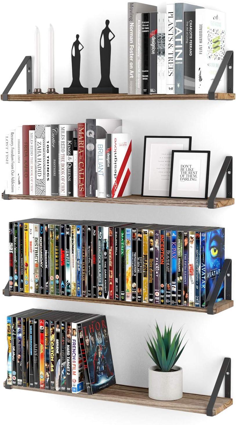 Wallniture Ponza Wood Floating Shelves for Wall, Rustic Wall Shelves for Living Room, 24" Bookshelf and DVD Storage Shelf Set of 4, Natural Burned