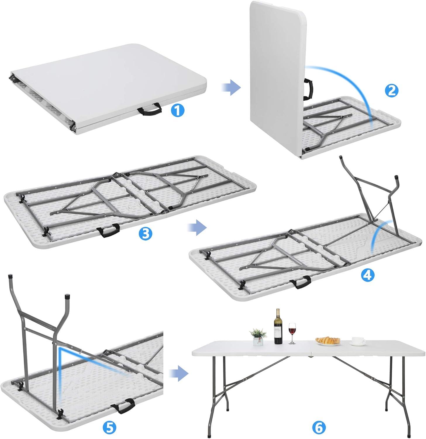 Outdoor Folding Table 6 ft, Portable Outdoor Picnic Table for Camping, Party and Wedding, with Handle and Lock - White