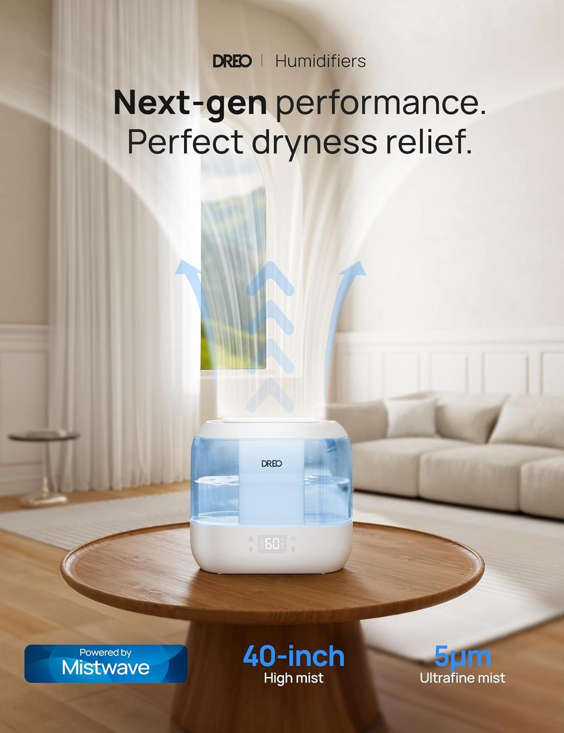 Dreo Humidifiers for Bedroom, Top Fill 4L Supersized Cool Mist Humidifier with Oil Diffuser and Nightlight, 32H Runtime, Quiet Ultrasonic Humidifiers for Home, Large Room, Baby Nursery and Plants