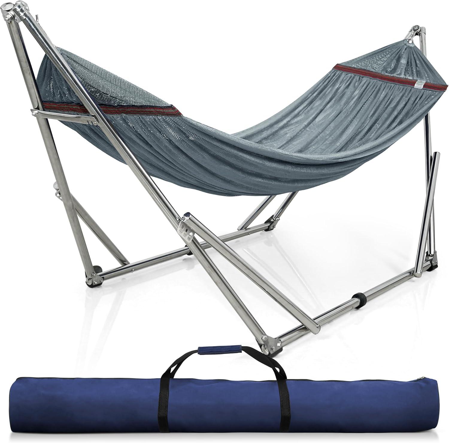 Tranquillo Adjustable Hammock Stand, Collapsible Camping Hammock and Stand, 650 lbs Capacity Deluxe Double Hammock Stand for 2 Persons, Portable Everywhere Easy Assembly Non-Slip and Noise-Free, Grey