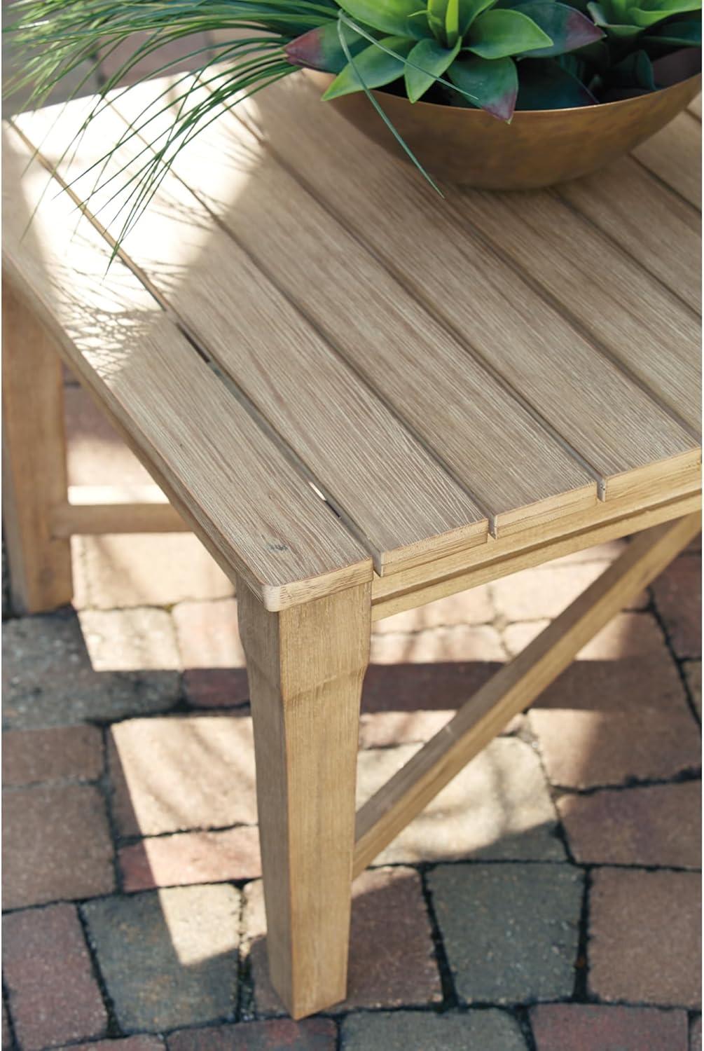 Signature Design by Ashley Carter Hall Outdoor End Table, Weather-Resistant Eucalyptus Wood, Square, Beige