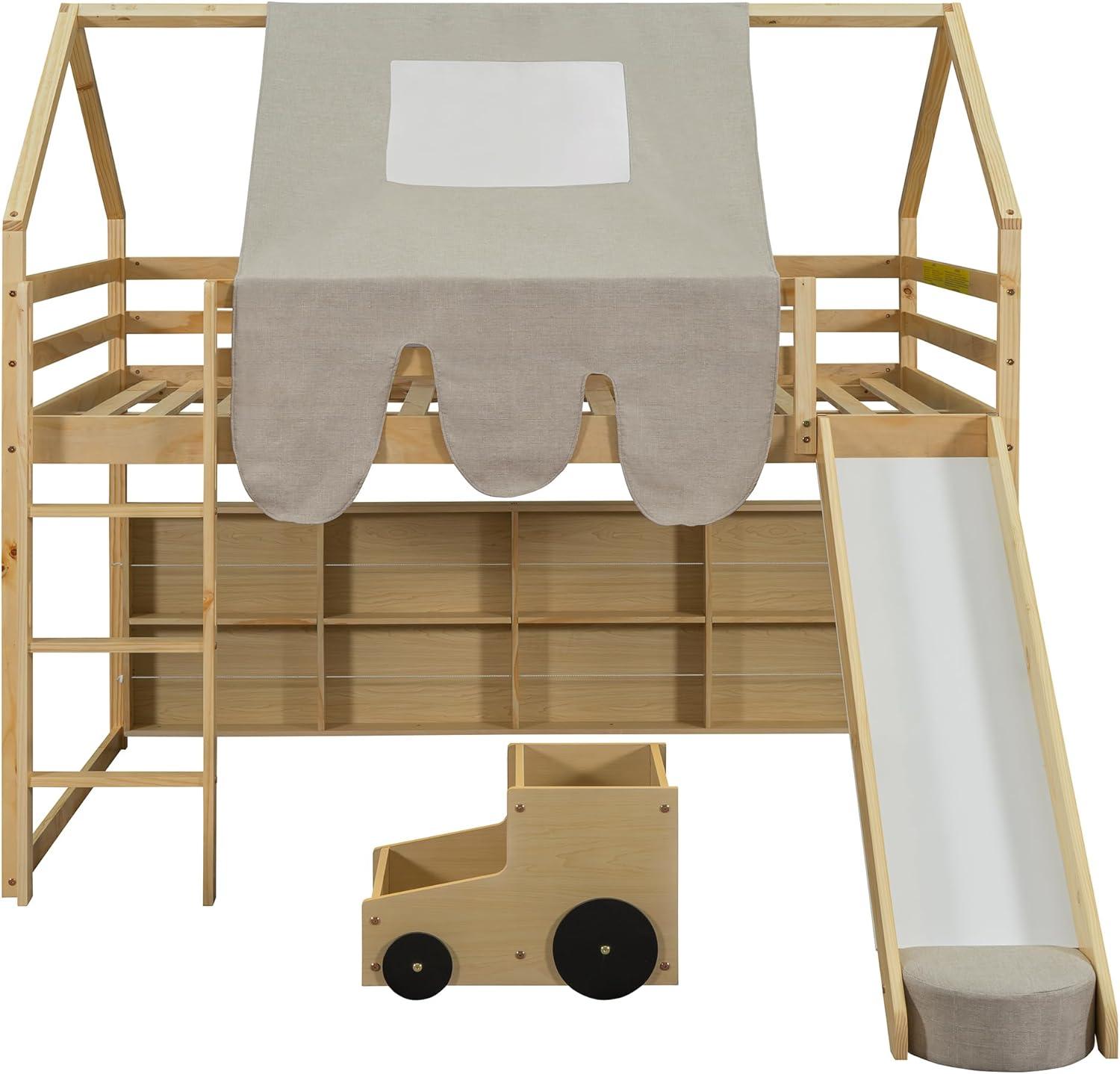 Kids Loft Bed Full Size, Full Loft Bed with Slide and Ladder, Kids House Loft Bed with Storage Shelf and Removable Tent, Full Size Loft Bed for Girls, Boys(Full Natural Beige)