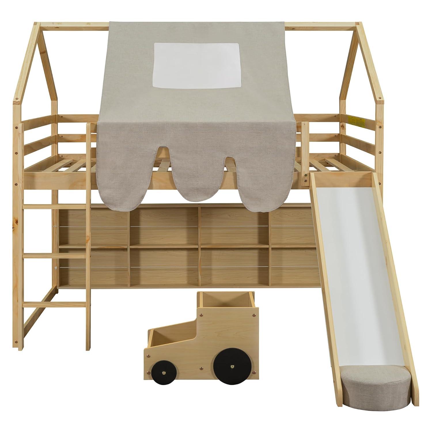 Kids Loft Bed Full Size, Full Loft Bed with Slide and Ladder, Kids House Loft Bed with Storage Shelf and Removable Tent, Full Size Loft Bed for Girls, Boys(Full Natural Beige)