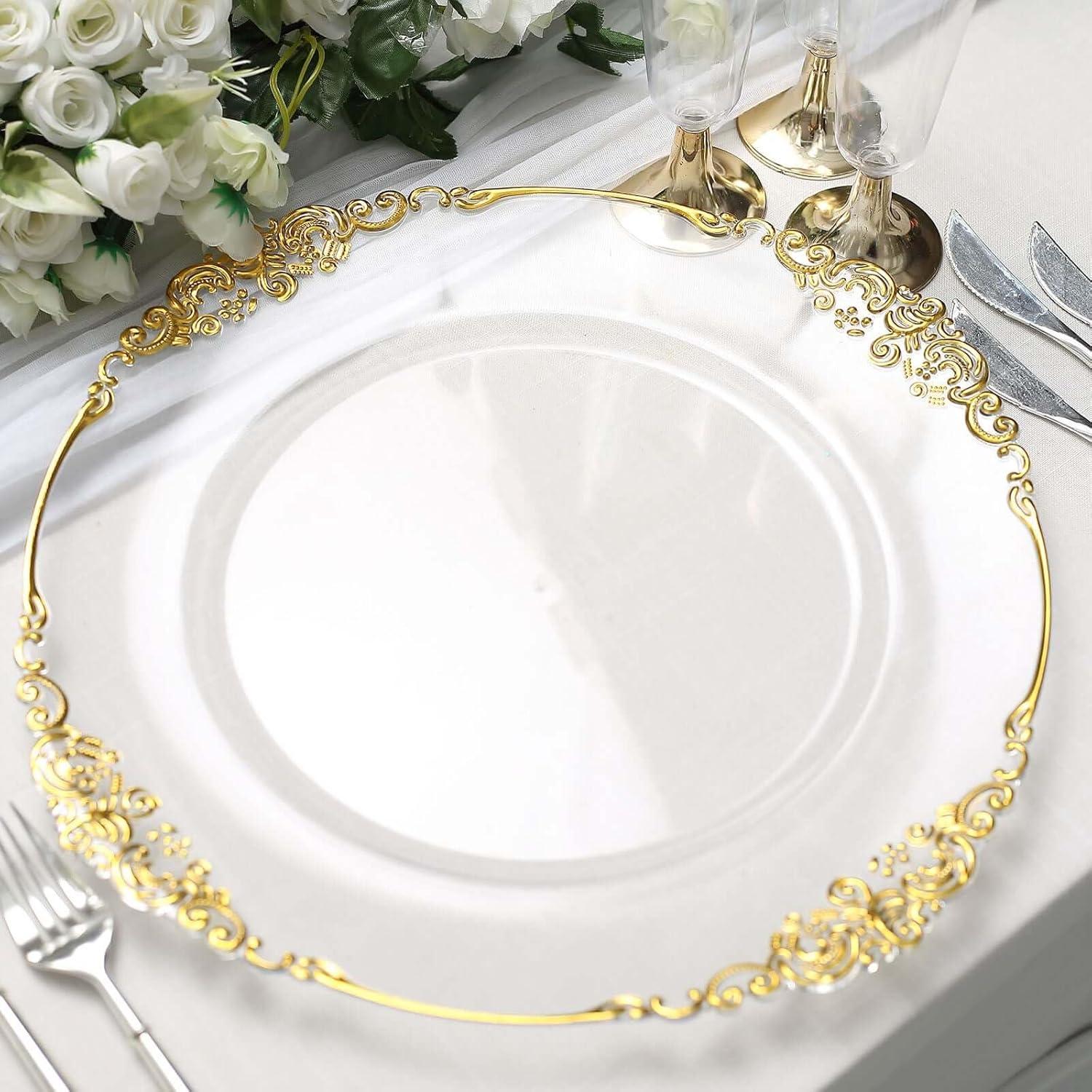 Efavormart 6 Pack Clear Gold 13" Round Baroque Charger Plates Leaf Embossed Rim for Tabletop Decor Catering Event Decoration