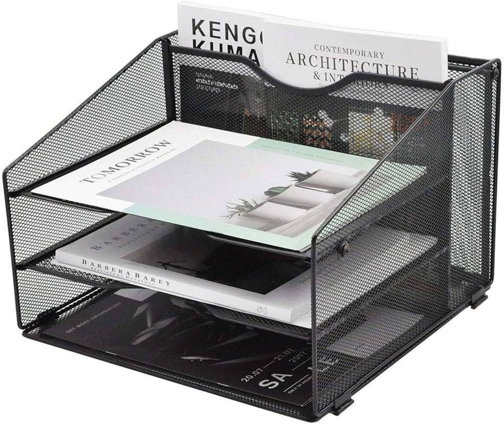 EASEPRES Mesh Desktop File Organizer, Document Mail Desk Folder Holder with 3 Paper Letter Tray and 1 Vertical Upright Compartment for Office Supplies, Desk Accessories & Workspace, Black