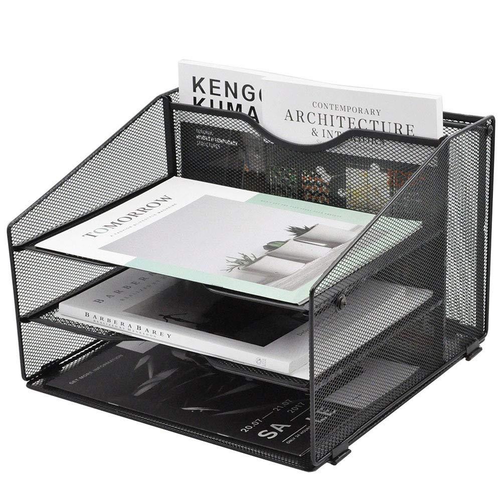 EASEPRES Mesh Desktop File Organizer, Document Mail Desk Folder Holder with 3 Paper Letter Tray and 1 Vertical Upright Compartment for Office Supplies, Desk Accessories & Workspace, Black