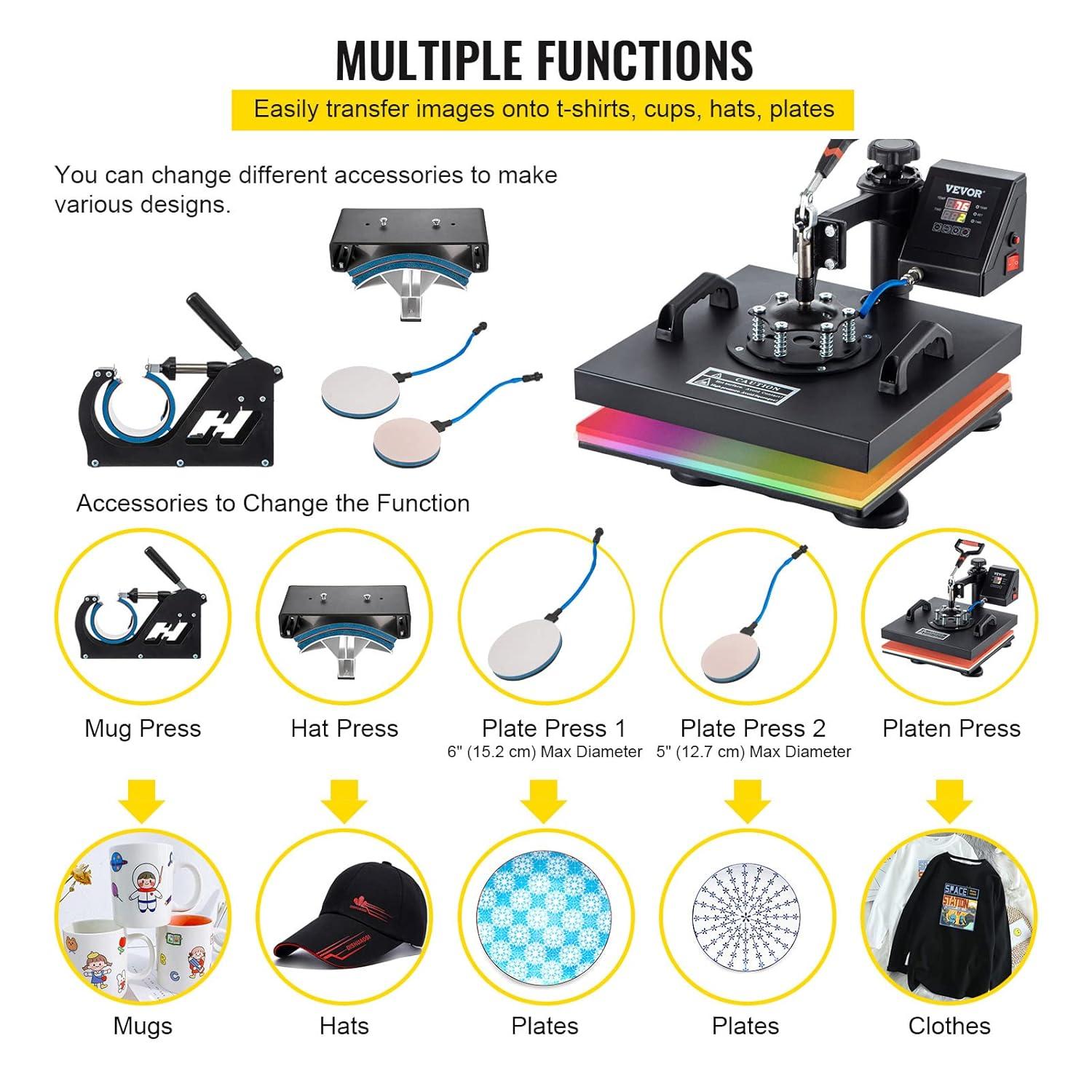 VEVOR 5 In 1 Heat Press Digital Clamshell Sublimation for DIY Mug Cap Plate