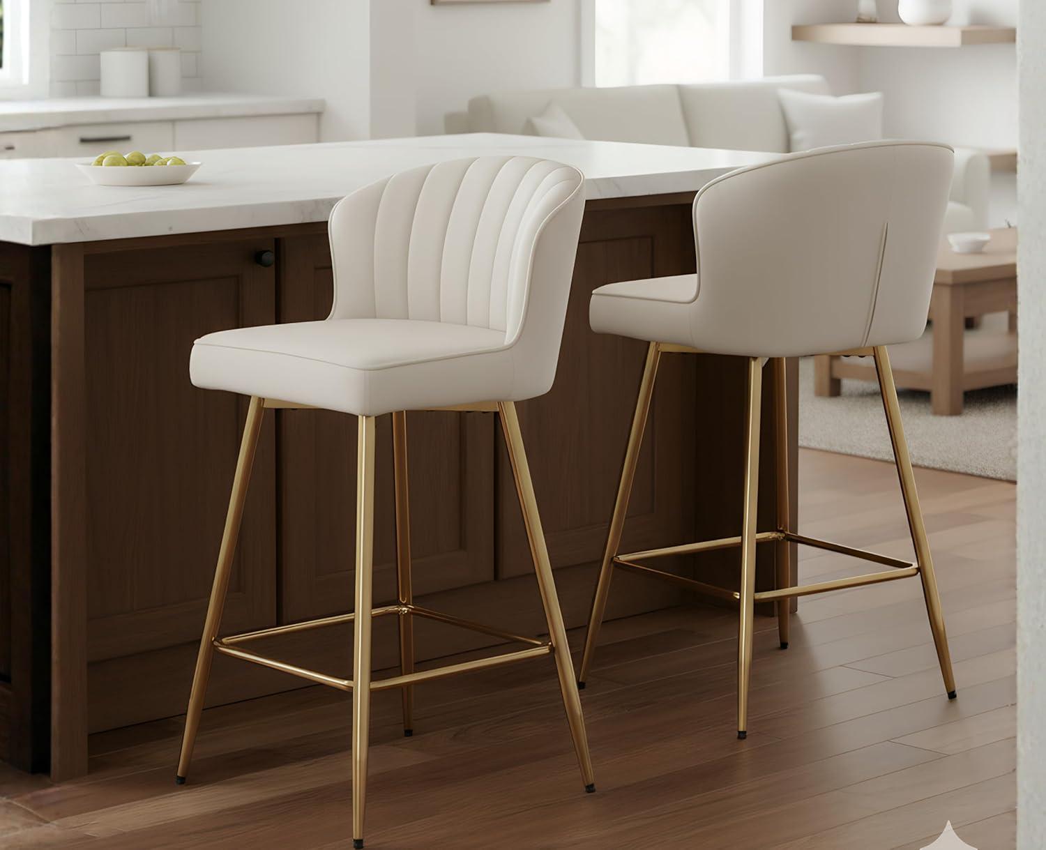 Counter Height Stools Set of 2, Velvet Bar Stools with 27 Inches Upholstered Seat Height, Handmade Woven Back Armrest, Sturdy Golden Metal Legs for Home Dining Pub Kitchen Island, Beige