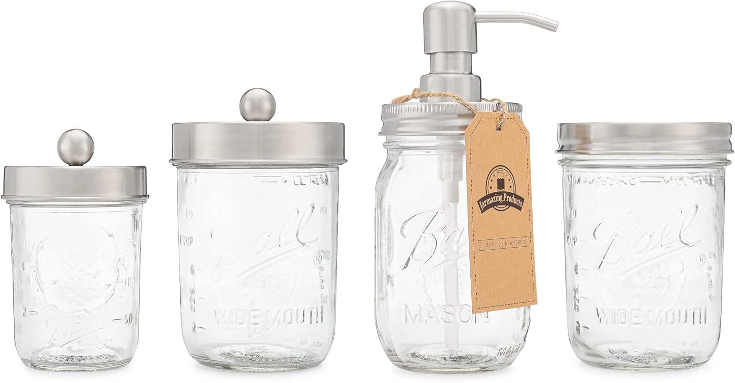 Silver Glass Mason Jar Bathroom Accessory Set with Stainless Steel Lids