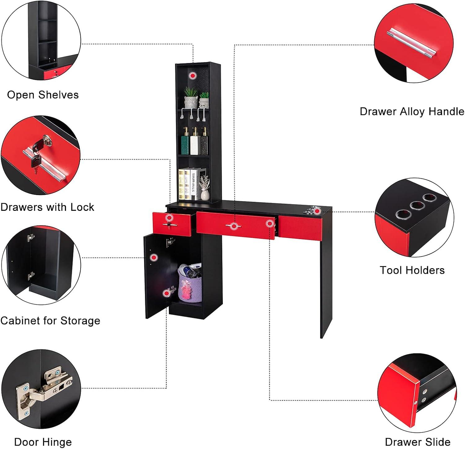 Inbox Zero Black Red Wall Mount Barber Station With 2 Drawers 1 Storage Cabinet 3 Open Shelves With Mirror