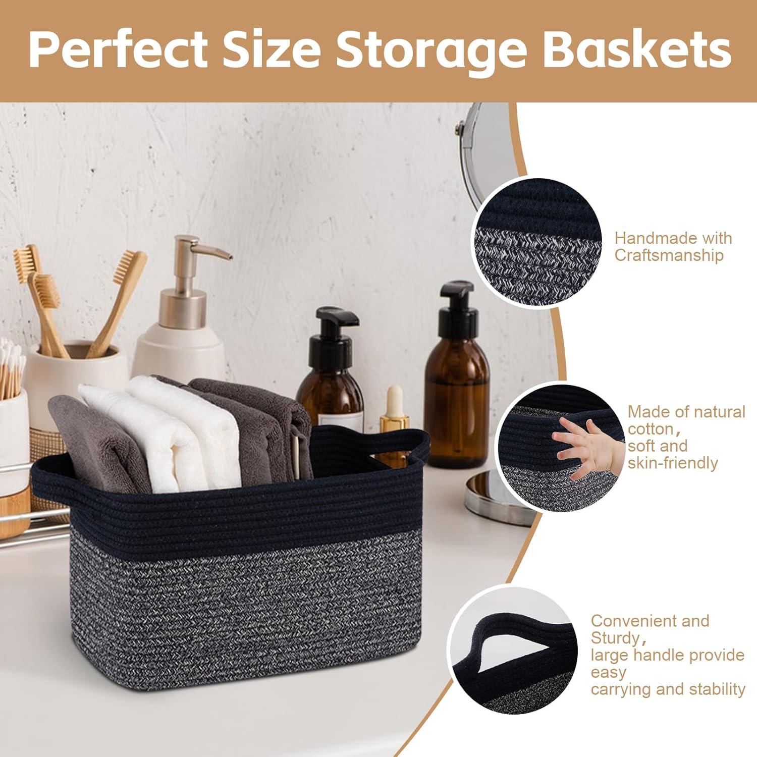 Design 3-Pack Storage Baskets for Shelves, Decorative Baskets for Organizing, Woven Baskets for Storage, Book Basket Cube Storage Bin Box, Pantry Closet and Shoe Organizers, Navy Blue