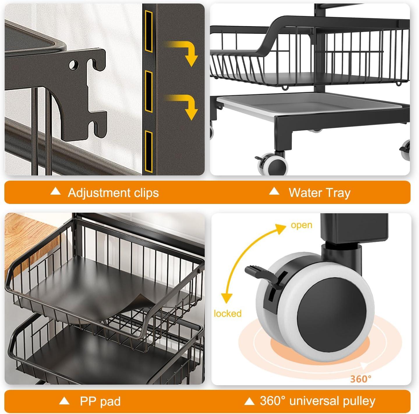 Sensch 4 Tier Fruit Basket Kitchen Organizers and Storage-Wooden Top Table, Rolling Utility Storage Cart, Black