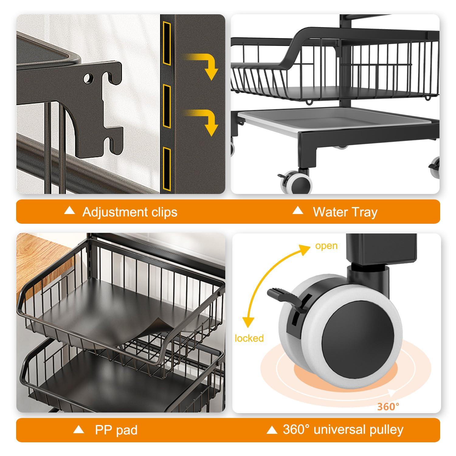 Sensch 4 Tier Fruit Basket Kitchen Organizers and Storage-Wooden Top Table, Rolling Utility Storage Cart, Black