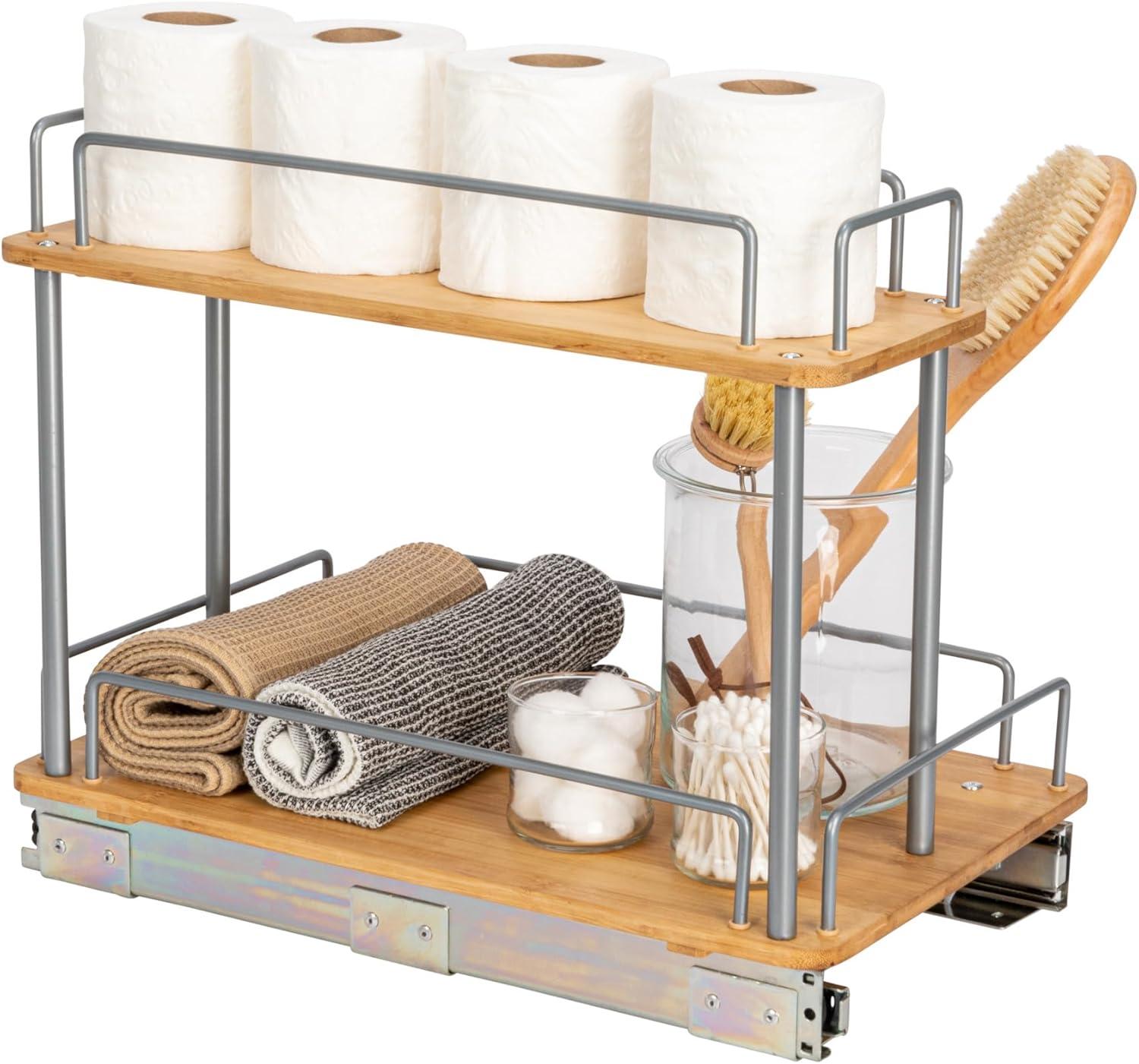 Glidez Steel and Bamboo Pull-Out/Slide-Out Storage Organizer for Under Sink or Cabinet Use - Brushed Silver and Natural