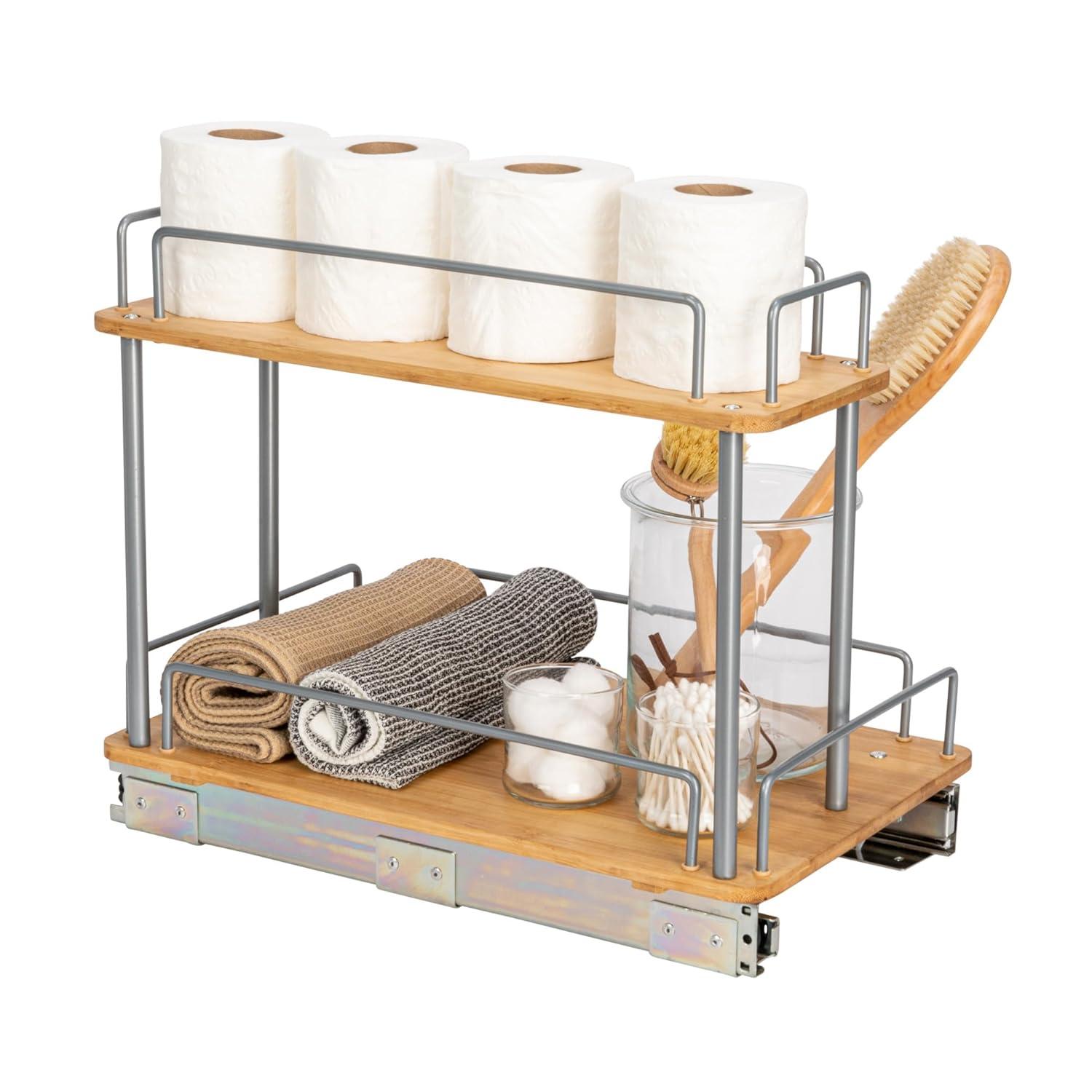 Glidez Steel and Bamboo Pull-Out/Slide-Out Storage Organizer for Under Sink or Cabinet Use - 2 -Tier Design - Brushed Silver and Natural