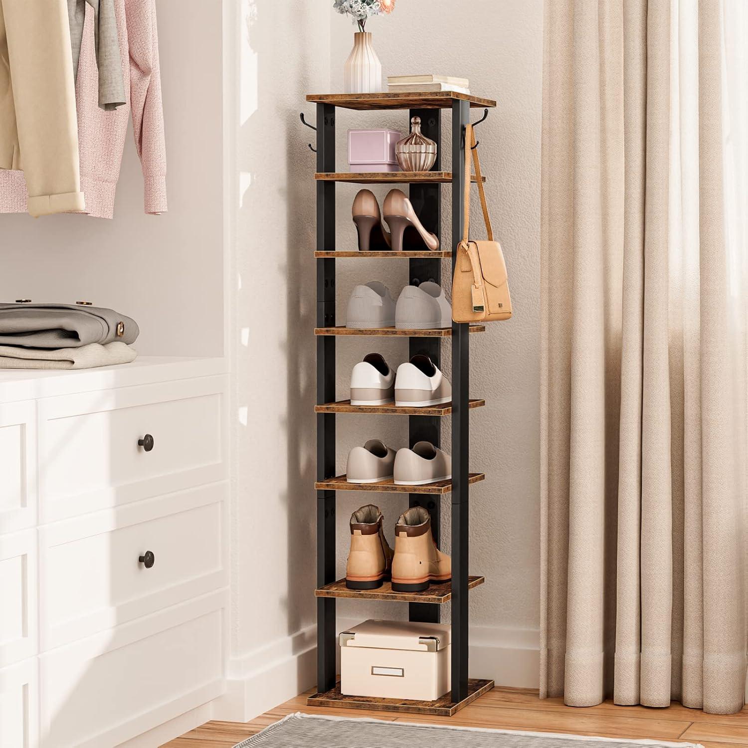 Rustic Brown 8-Tier Wooden Vertical Shoe Rack with Hooks