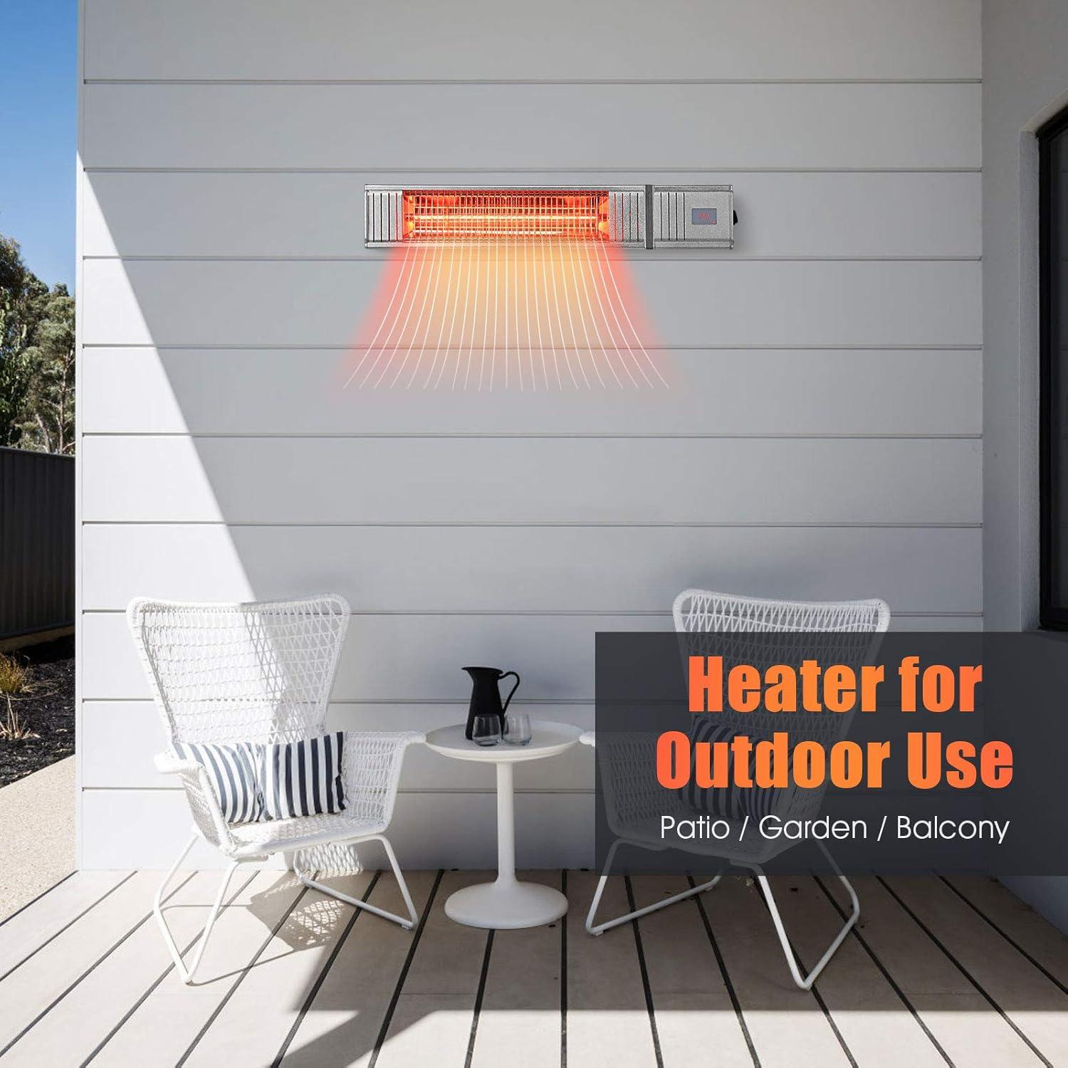 Costway Wall-Mounted Patio Heater 750W/1500W Infrared Heater with 9-Level Adjustable 24H Timer & Remote Control Silver