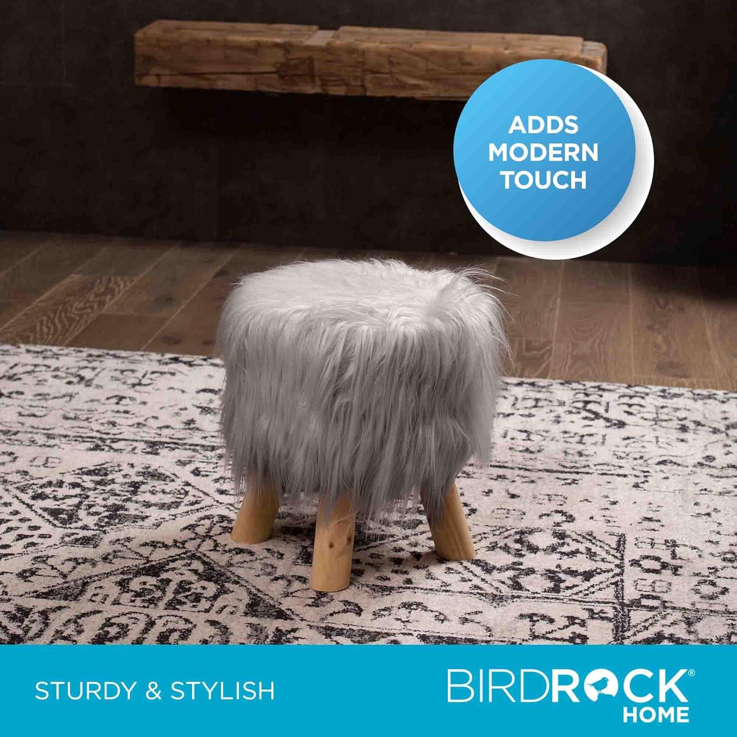 BirdRock Home Faux Fur Foot Stool Ottoman with Wood Legs - Silver