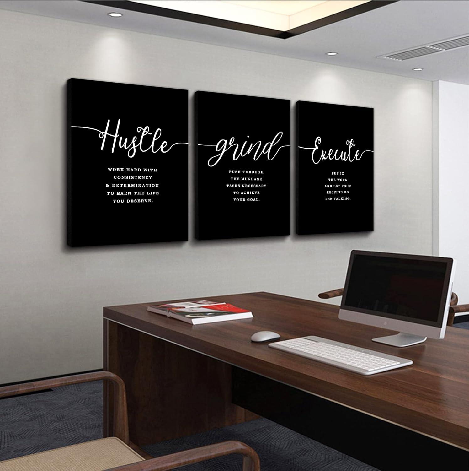 Office Decor - Hustle Quotes Execute Prints, Framed Canvas Wall Art Grind Quote, Office Wall Art, Black Large Poster, Positive MotivationalPrints, Inspirational Print (F-3pcs,12x16inchx3pcs)