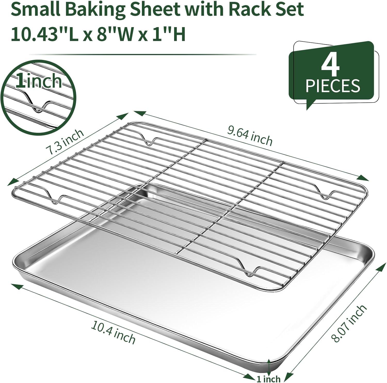 10" x 8" x 1" Toaster Oven Pan with Rack Set, Small Baking Pans Tray Stainless Steel with Cooling Rack Set of 4, Non-Toxic & Heavy Duty, Mirror Finish & Dishwasher Safe