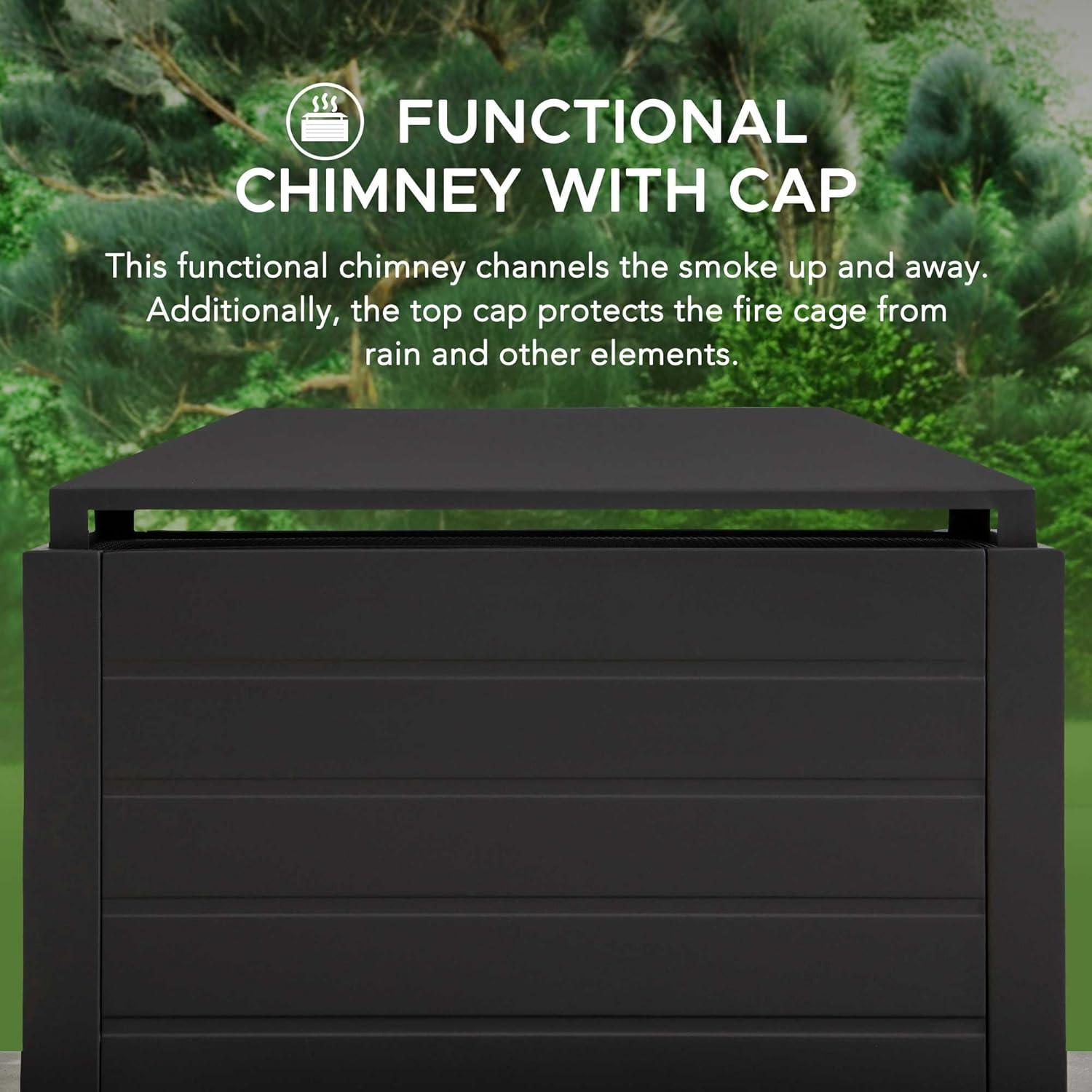 Matte Black Steel Wood-Burning Outdoor Fireplace with Chimney