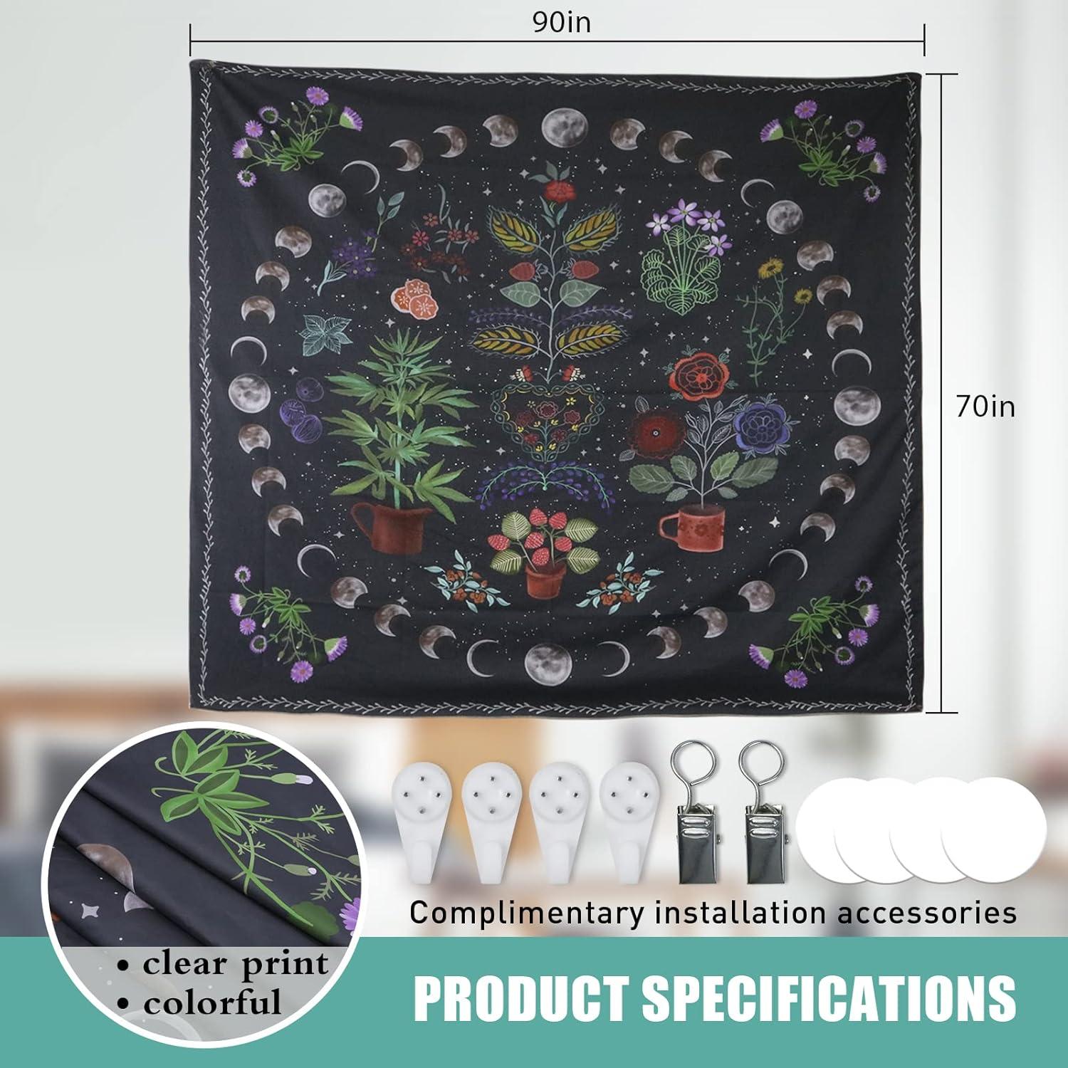 Plant Tapestry, Nature Moon Phase Tapestry Wall Hanging, Bohemian Mandala Tapestry Aesthetic Bedroom Decor, Botanical Tapestries Suitable For Bedroom Home Dorm