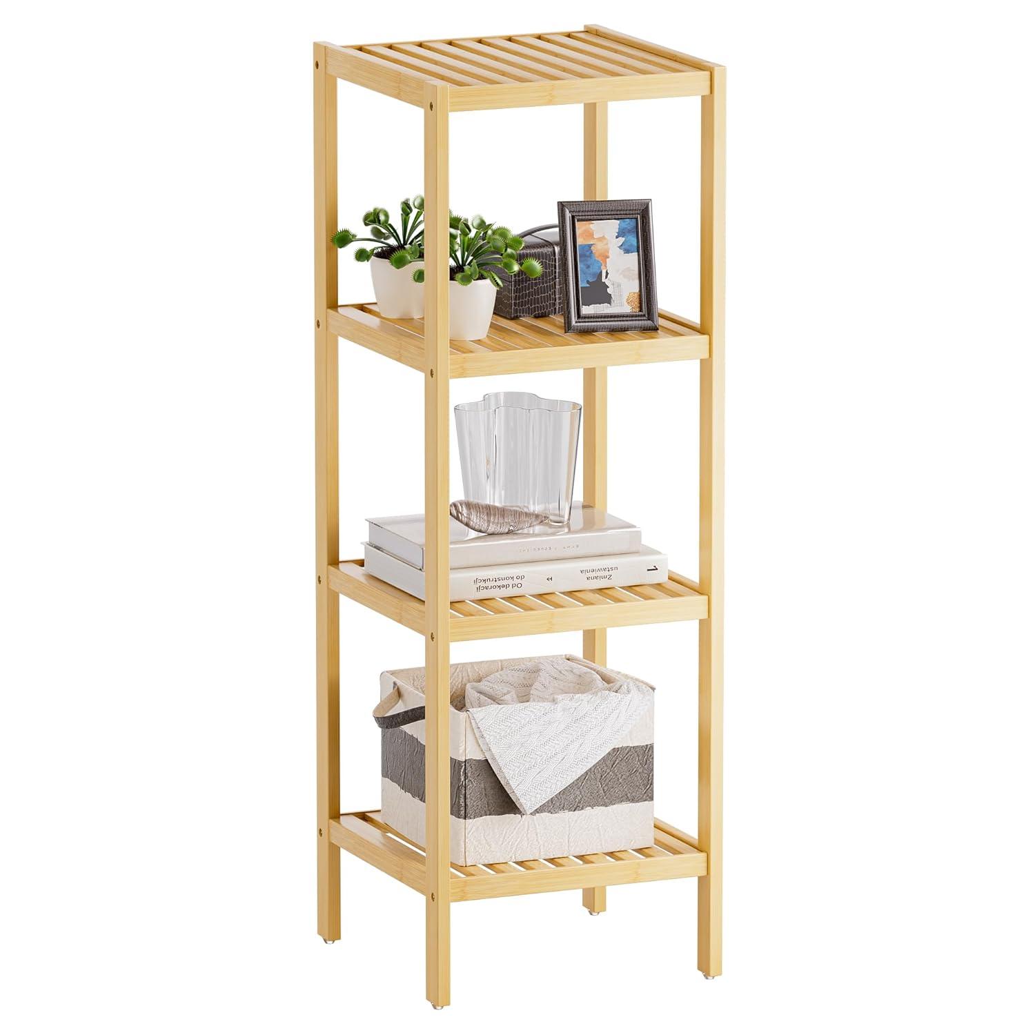 Bathroom Storage Shelf, 4-Tier Bamboo Rack Organizer, Multifunctional Shelving Unit For Living Room Bedroom Kitchen (Black)