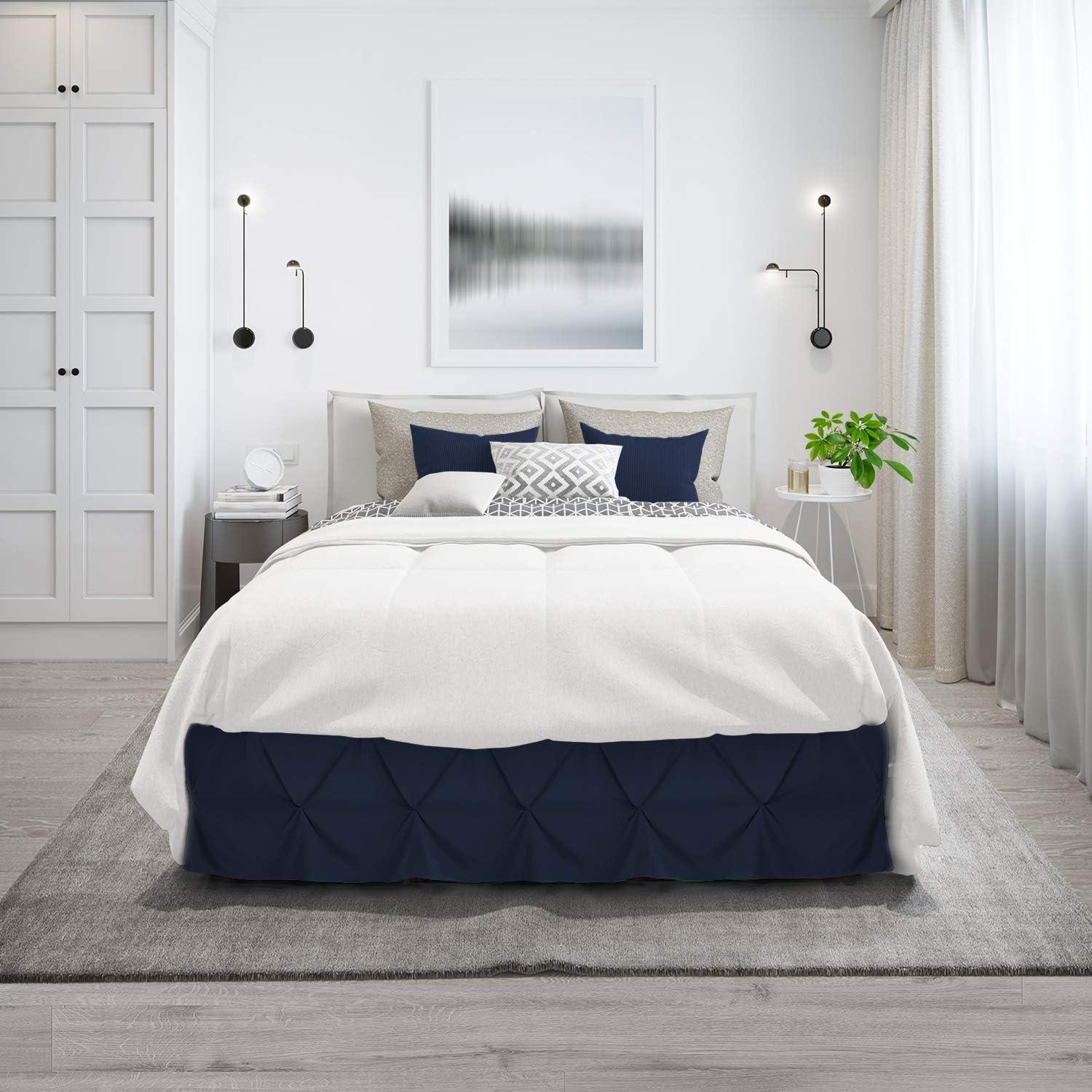 Navy Blue Pinch Pleat Queen Polyester Bed Skirt with 14" Drop