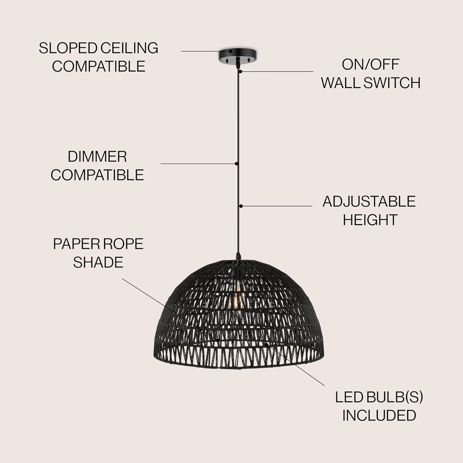 Bohemian Black Woven Rattan & Iron LED Dome Pendant 20"