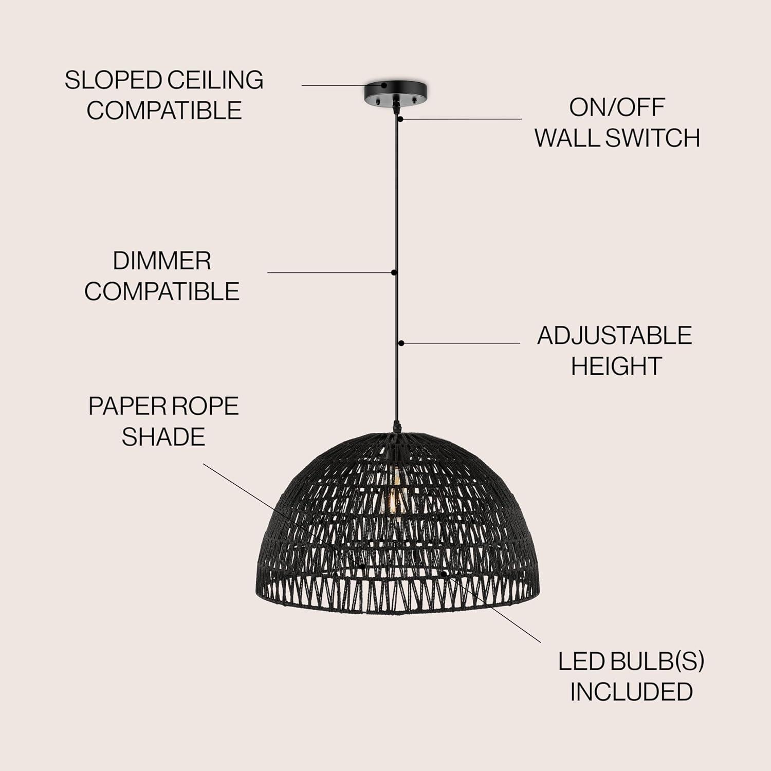 Campana 20" 1-Light Bohemian Modern Woven Rope/Iron LED Pendant, Black