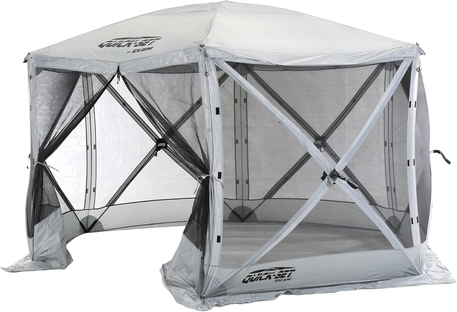 CLAM Quick-Set Escape 11.5 x 11.5 Ft Portable Pop-Up Outdoor Camping Screen Tent 6-Sided Canopy Shelter w/ Netting, Ground Stakes, & Carry Bag, Gray