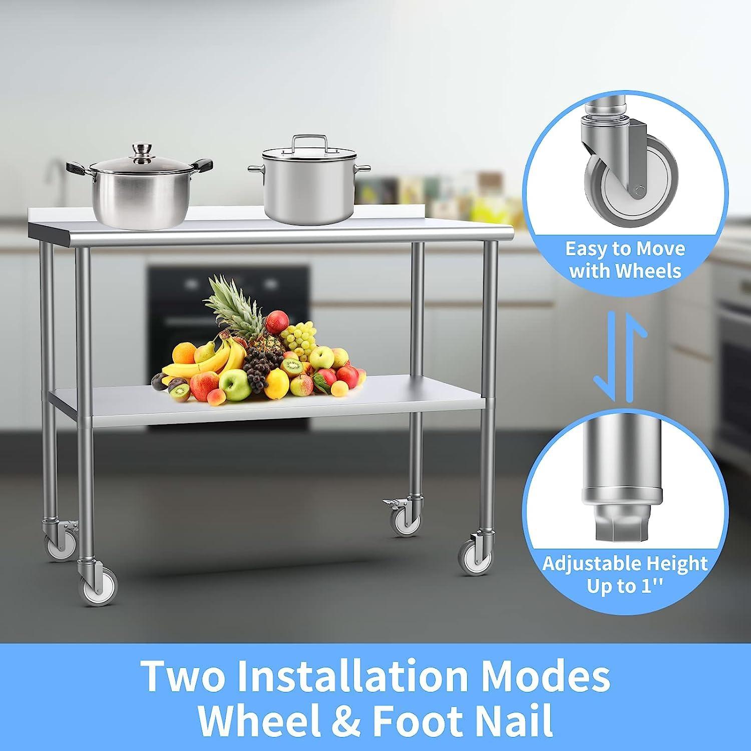 ROVSUN 36'' x 24'' Stainless Steel Table with Backsplash, Pre Work Table Metal Table for Kitchen Restaurant Home