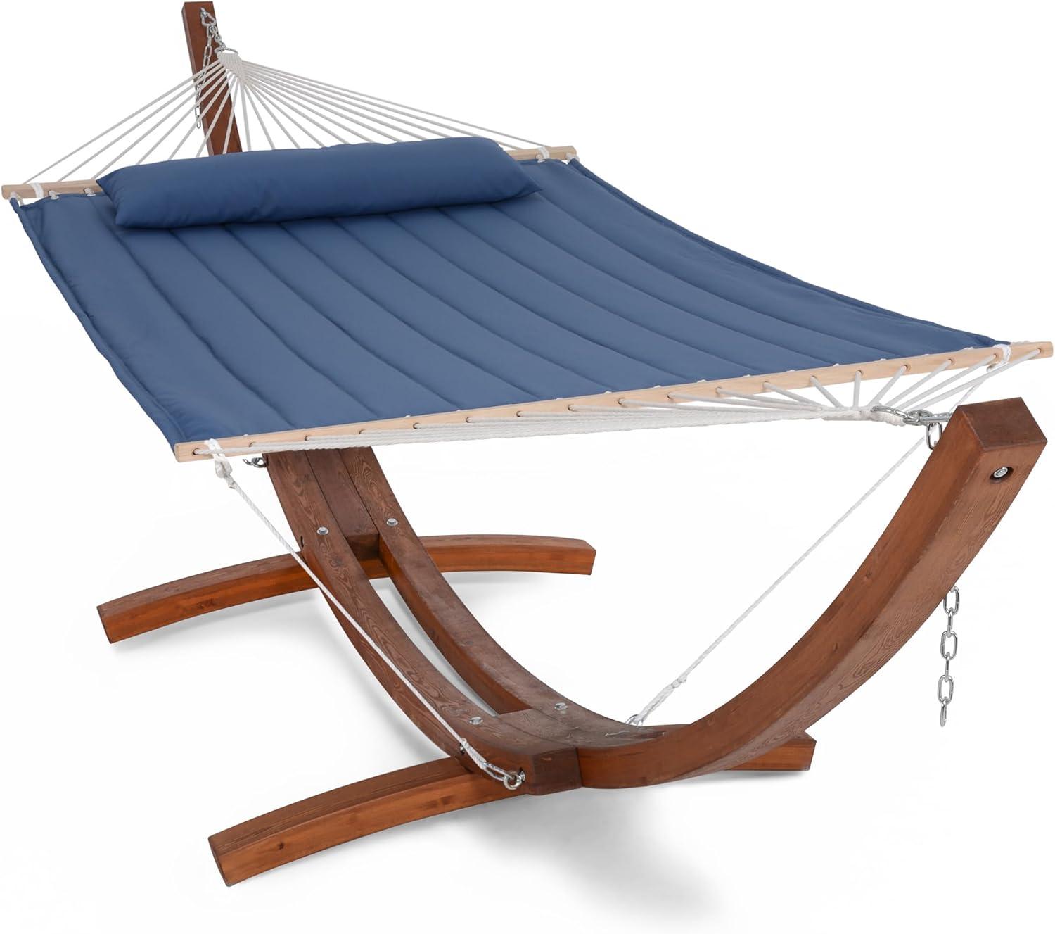 Sunnydaze Quilted Double Fabric 2-Person Hammock with Curved Arc Wood Stand - 400 lb Weight Capacity/13' Stand - Catalina Beach