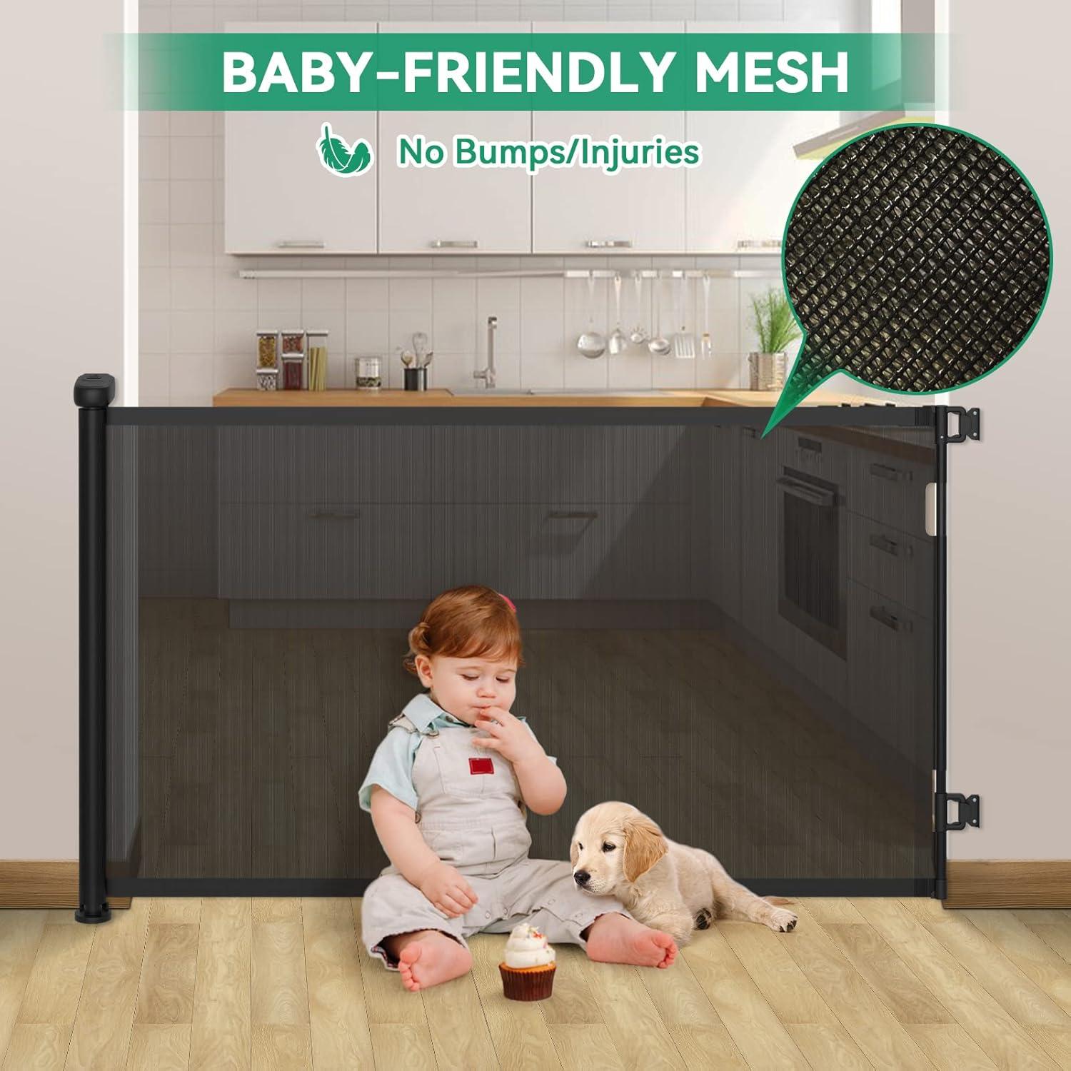 Black Retractable Baby and Pet Safety Gate, 55 Inch