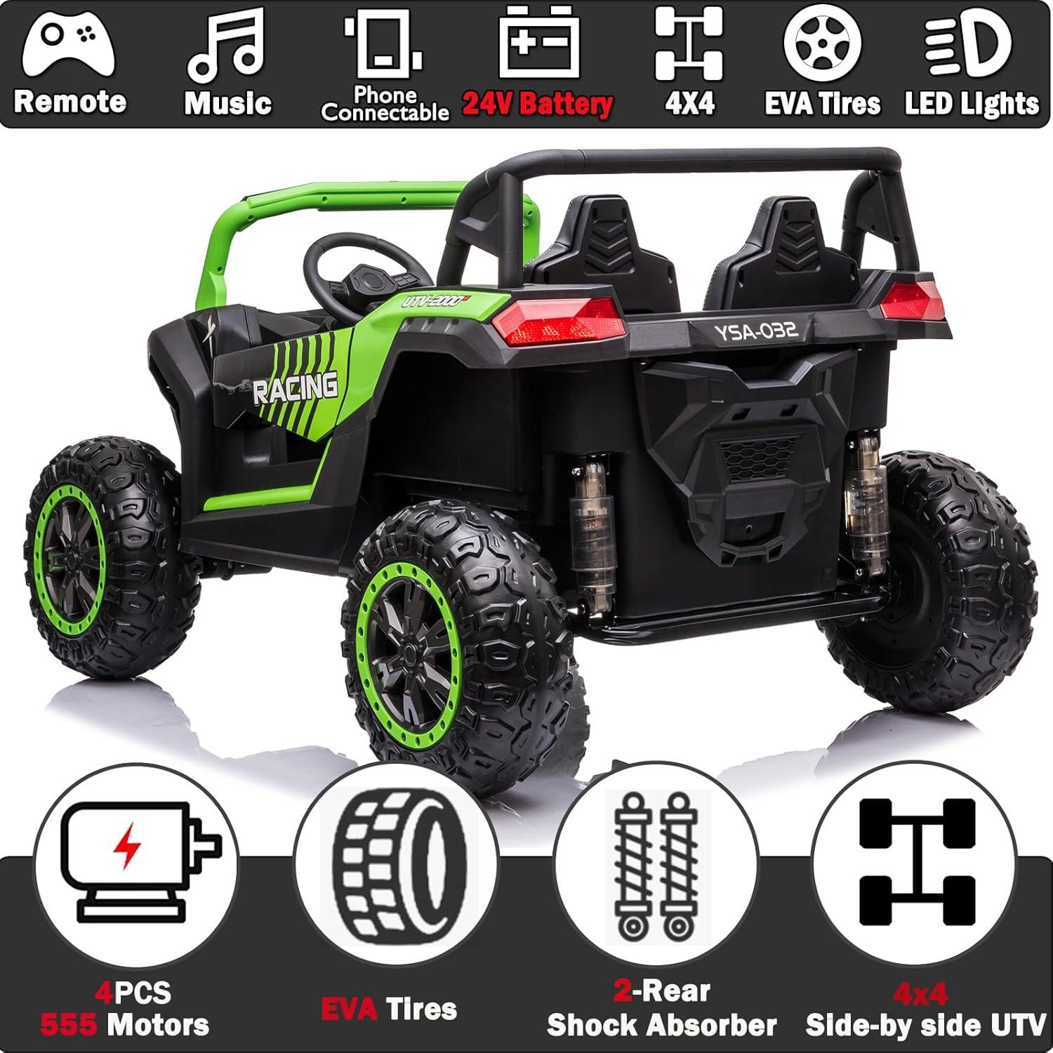 24V Ride on Car 2 Seater Ride on UTV 4X4 Off-Road UTV for Kids 4X200W Powerful Motor Kids' Electric Vehicles with Remote Control, Spring Suspension, Led Light, Bluetooth Music, Green