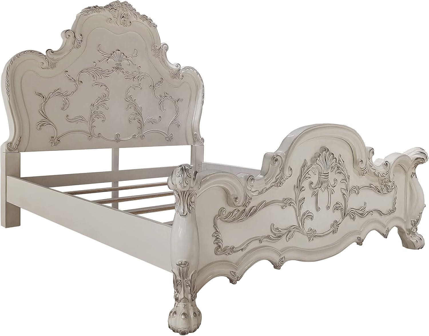 Bone White King Upholstered Wood Bed with Carved Details