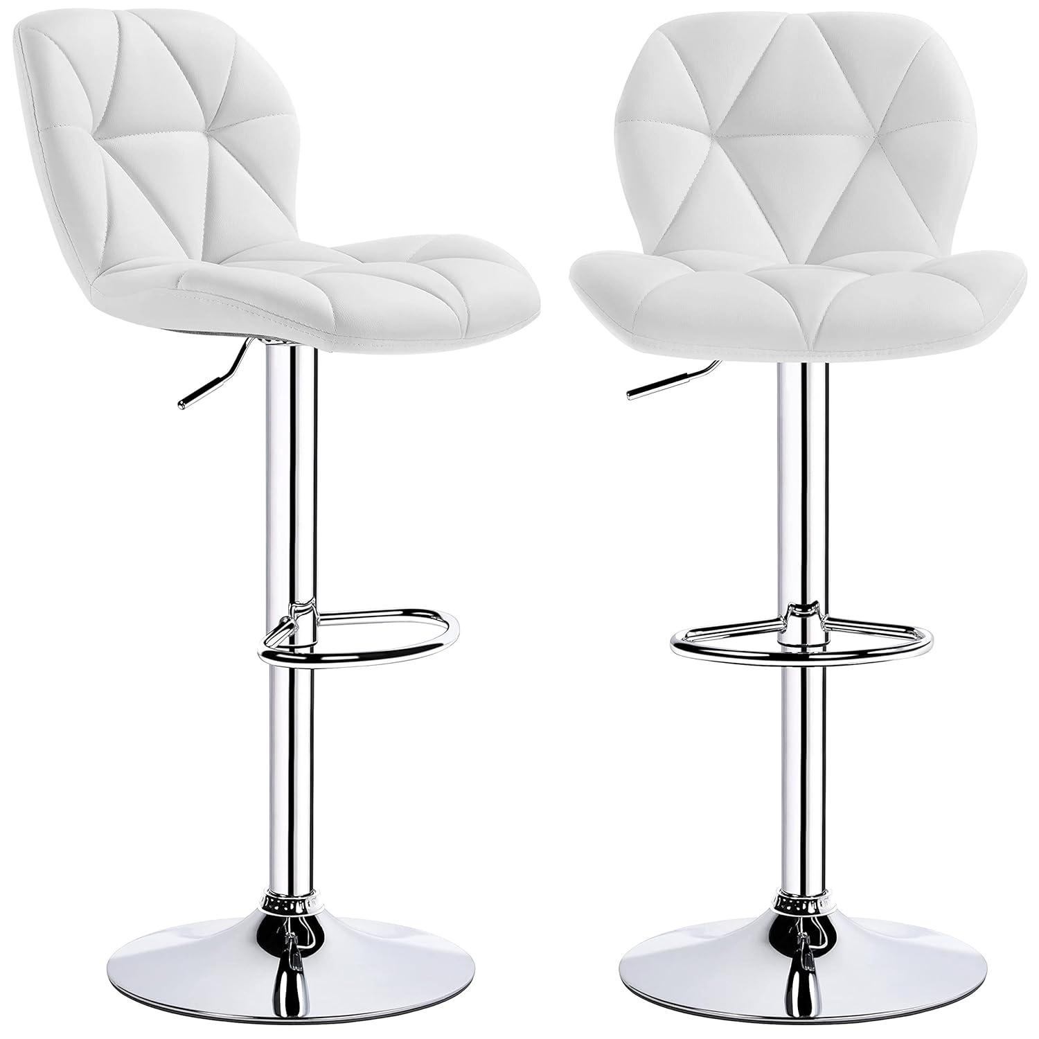 Yaheetech Barstools Set of 2, PU Leather Counter Stools Bar Chairs with Backrest, Height Adjustable Swivel Tall Chairs for Home Bar Kitchen Island, White