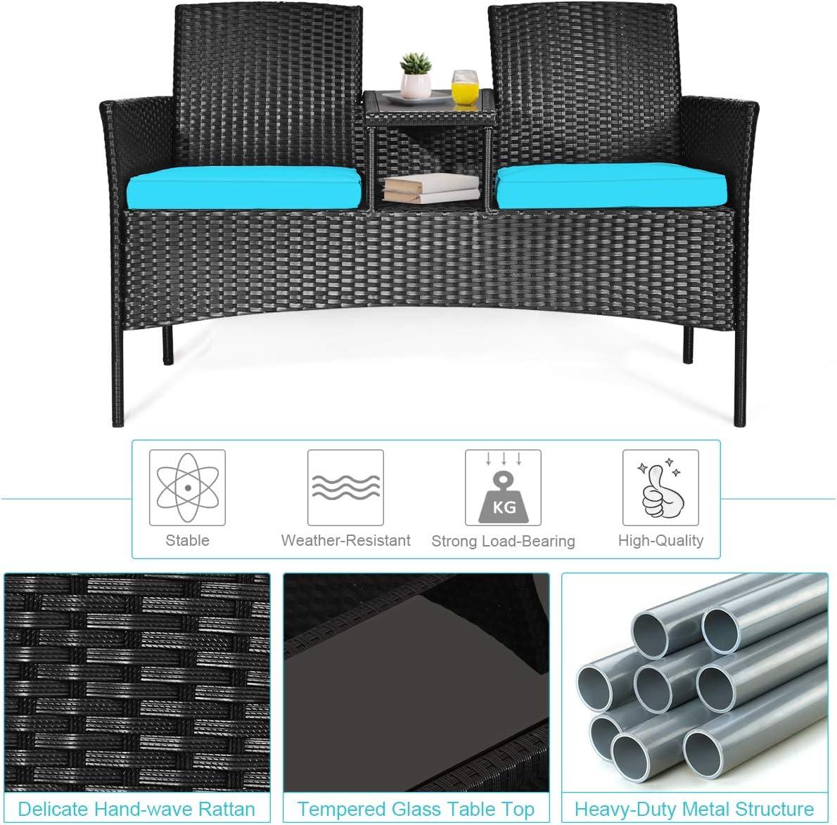 Resenkos Wicker Patio Conversation Furniture Set with Seat , Balcony Furniture Outdoor Rattan Patio Conversation Set with Removable Cushions and Table-Turquoise