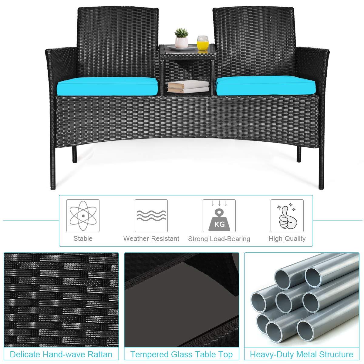 Tangkula Outdoor Rattan Furniture Wicker Patio Conversation Chair W/Cushions Turquoise