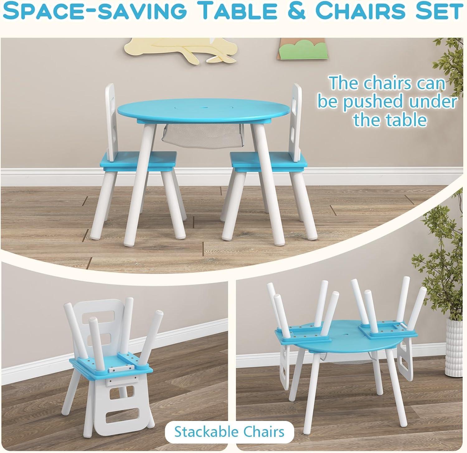 INDSUMOT Kids Table and Chair Set, Wooden Children Activity Table and 2 Chairs for Art & Craft, Storage Mesh Basket, 3-Piece Toddler Furniture Set for Daycare & Playroom, Gift for Boys Girls(Blue)