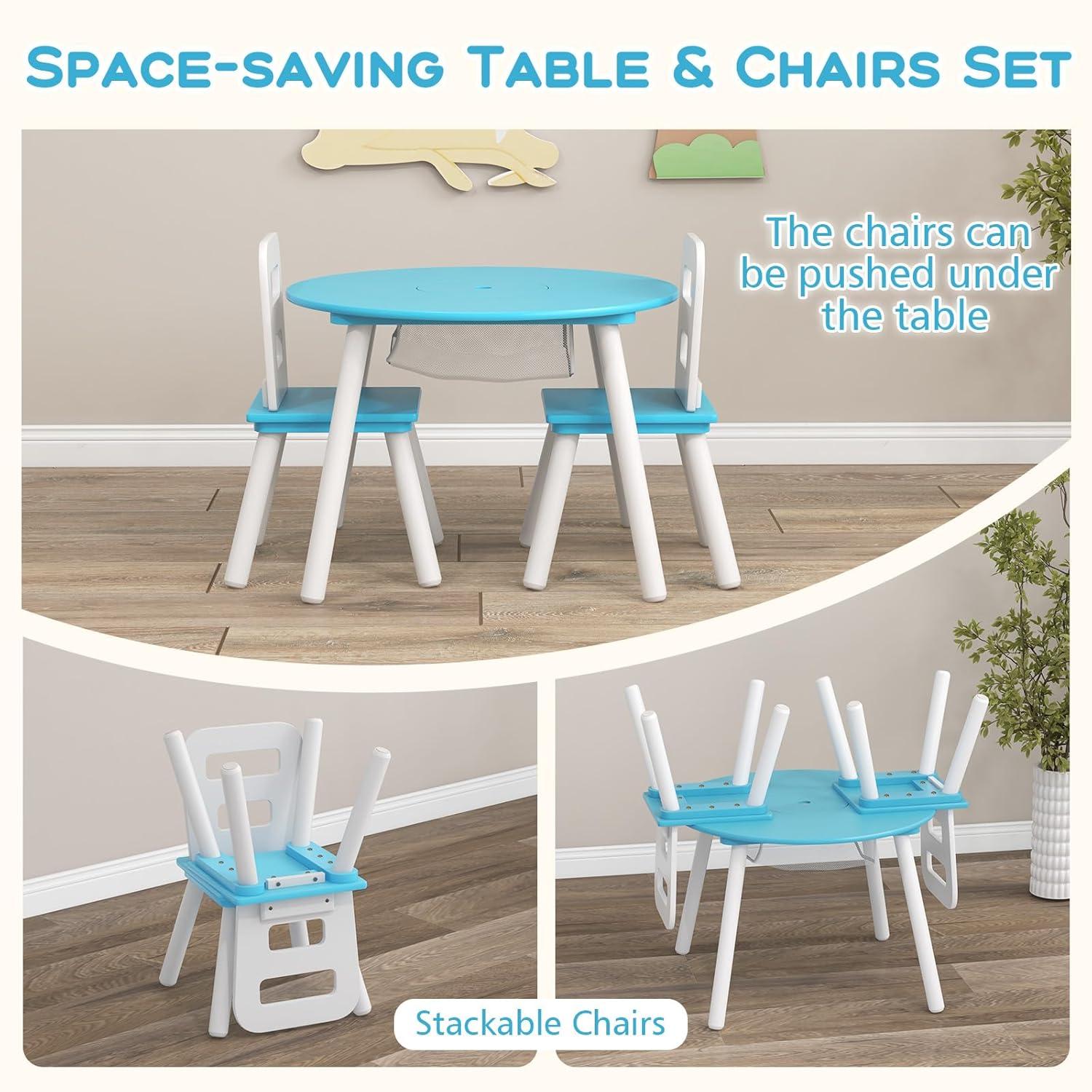 INDSUMOT Kids Table and Chair Set, Wooden Children Activity Table and 2 Chairs for Art & Craft, Storage Mesh Basket, 3-Piece Toddler Furniture Set for Daycare & Playroom, Gift for Boys Girls(Blue)