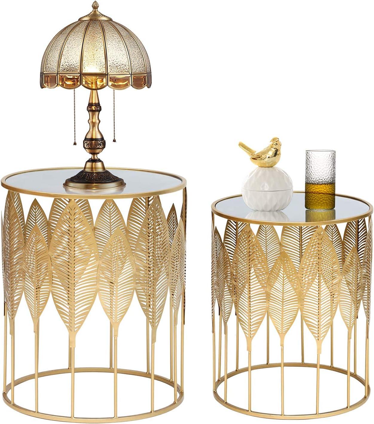 Gold Leaf Round Mirrored Nesting Side Tables Set