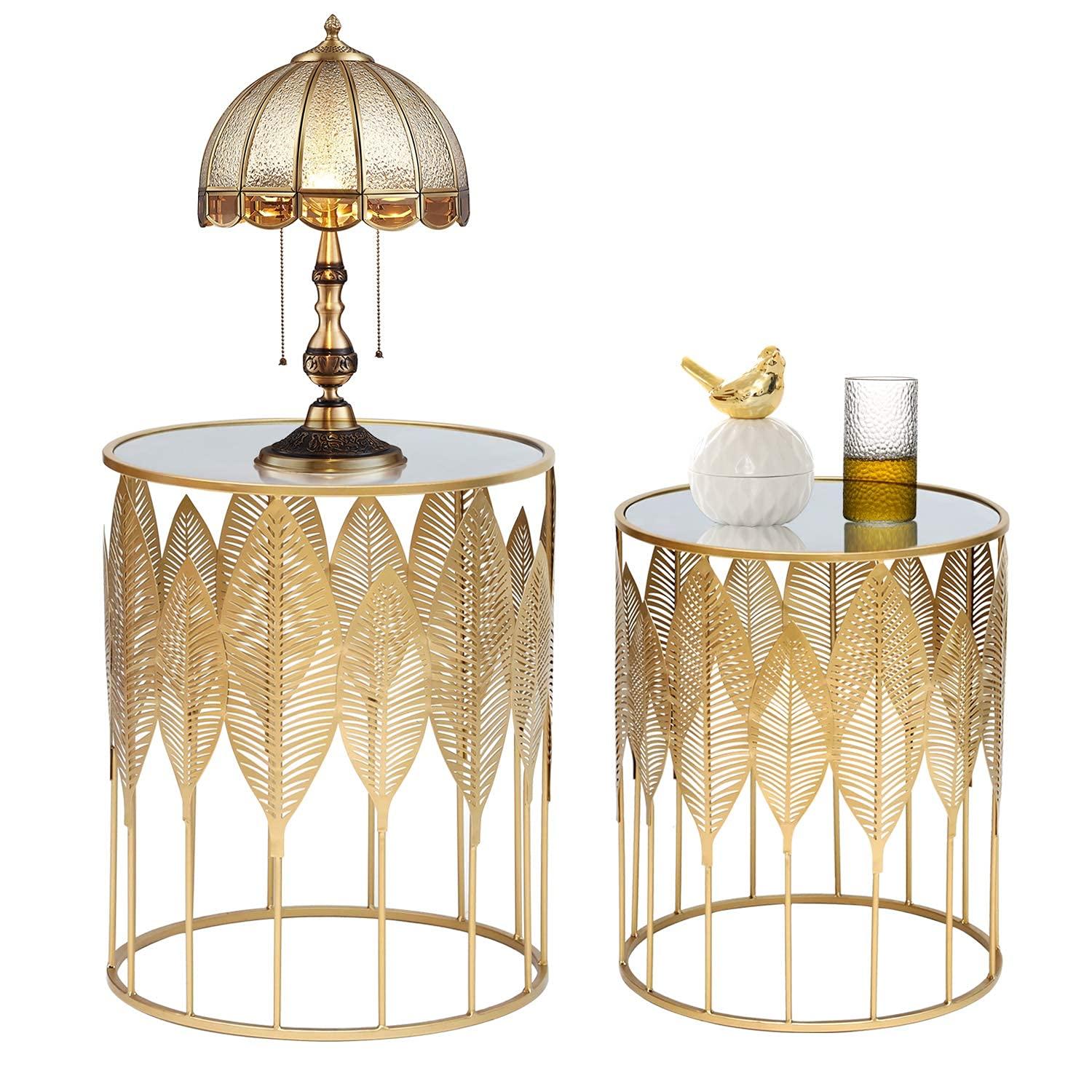 Homebeez End Tables Set of 2, Gold Nesting Side Coffee Table Decorative Round Nightstands (Stainless Steel Top)