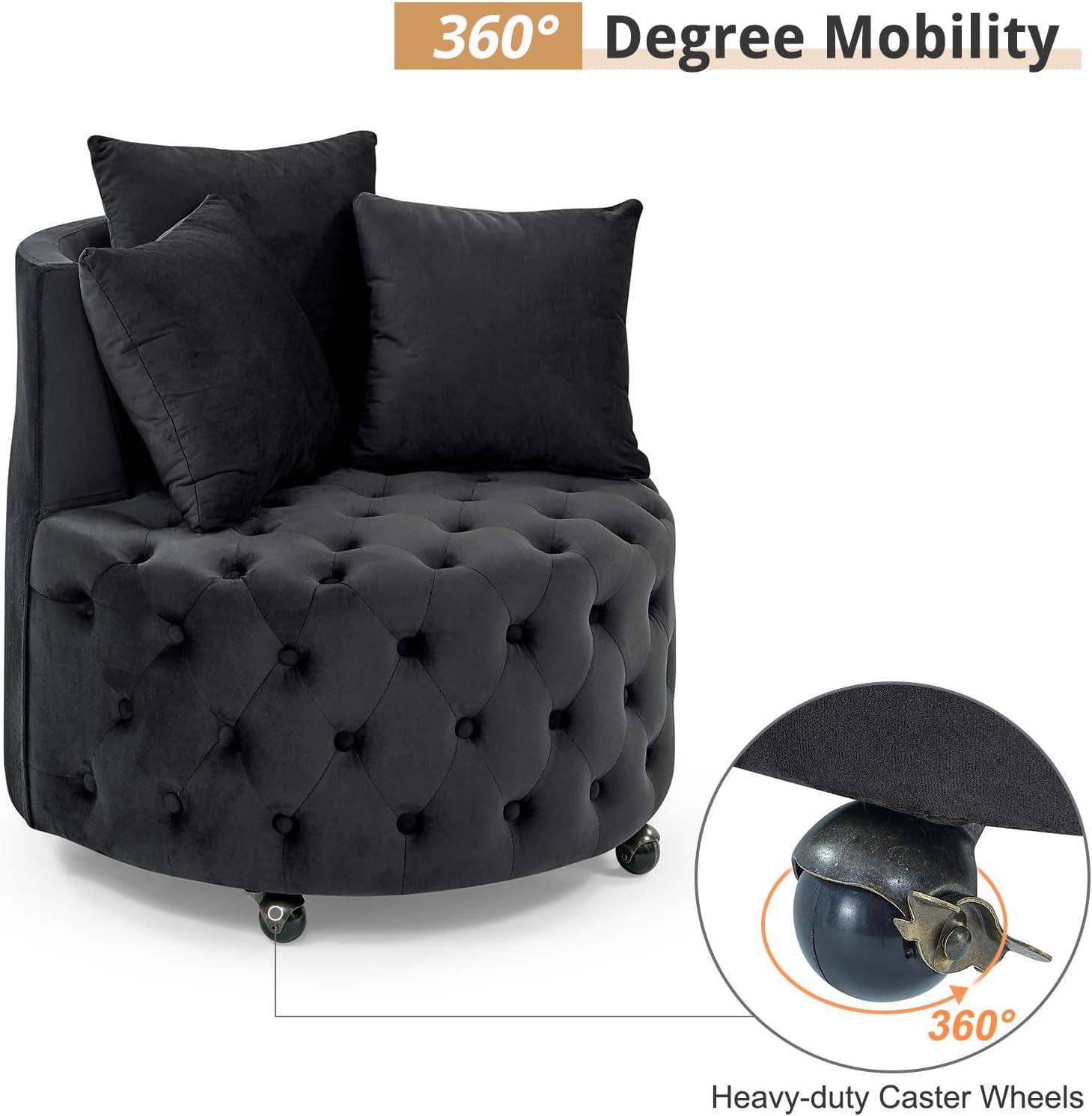 Swivel Barrel Accent Chair, 30in Modern Velvet Round Sofa Chair with 3 Pillows and Wheels, Comfy Tufted Club Lounge Chair for Living Room, Bedroom(Beige)