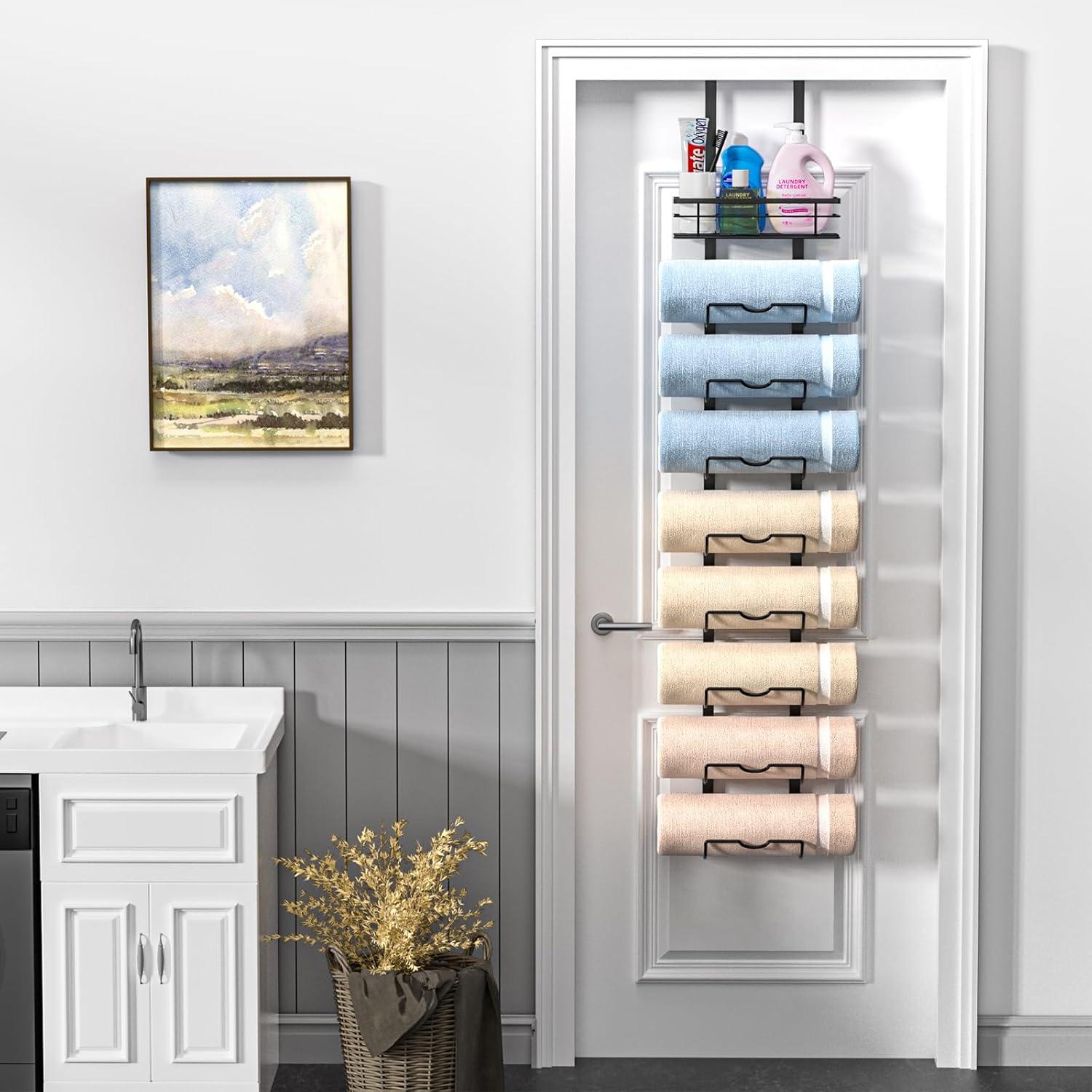 9-Tier Over The Door Towel Rack,Towel Racks for Bathroom, Metal Towel Holder with Storage Basket,Towel Storage for Small Bathroom,Towel Rack for Rolled Towels,Black