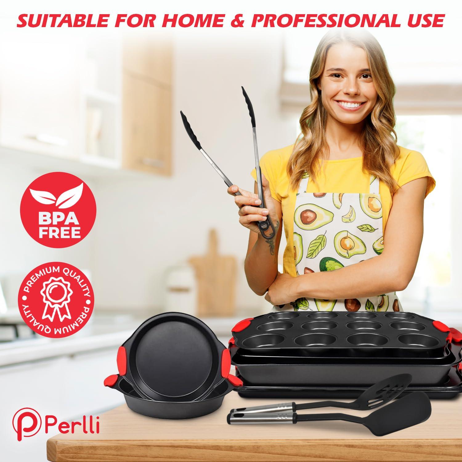 PERLLI Non-Stick 17-Piece Baking Pan Set, BPA-Free Carbon Steel Bakeware Set with Silicone Handles, Stackable Kitchen Oven Set, Cookie Sheet, Baking Tray, Baking Sheet Set, Utensils, Oven Safe (446°F)