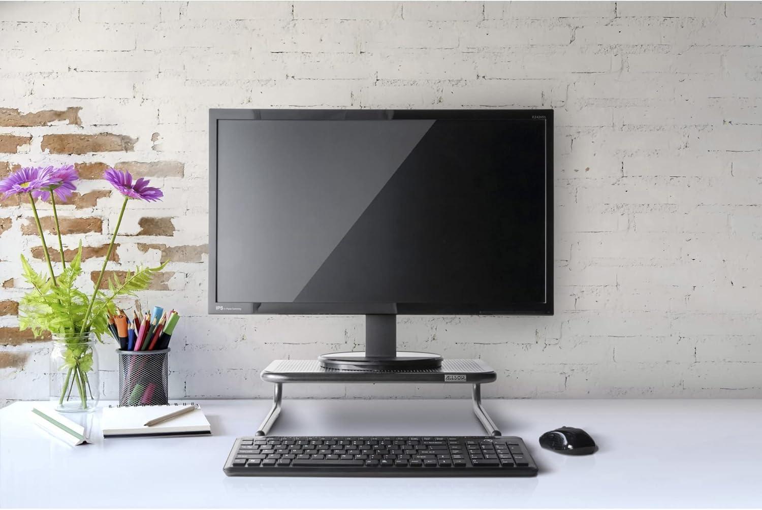 Pearl Black Steel Ergonomic Monitor Stand with Keyboard Storage