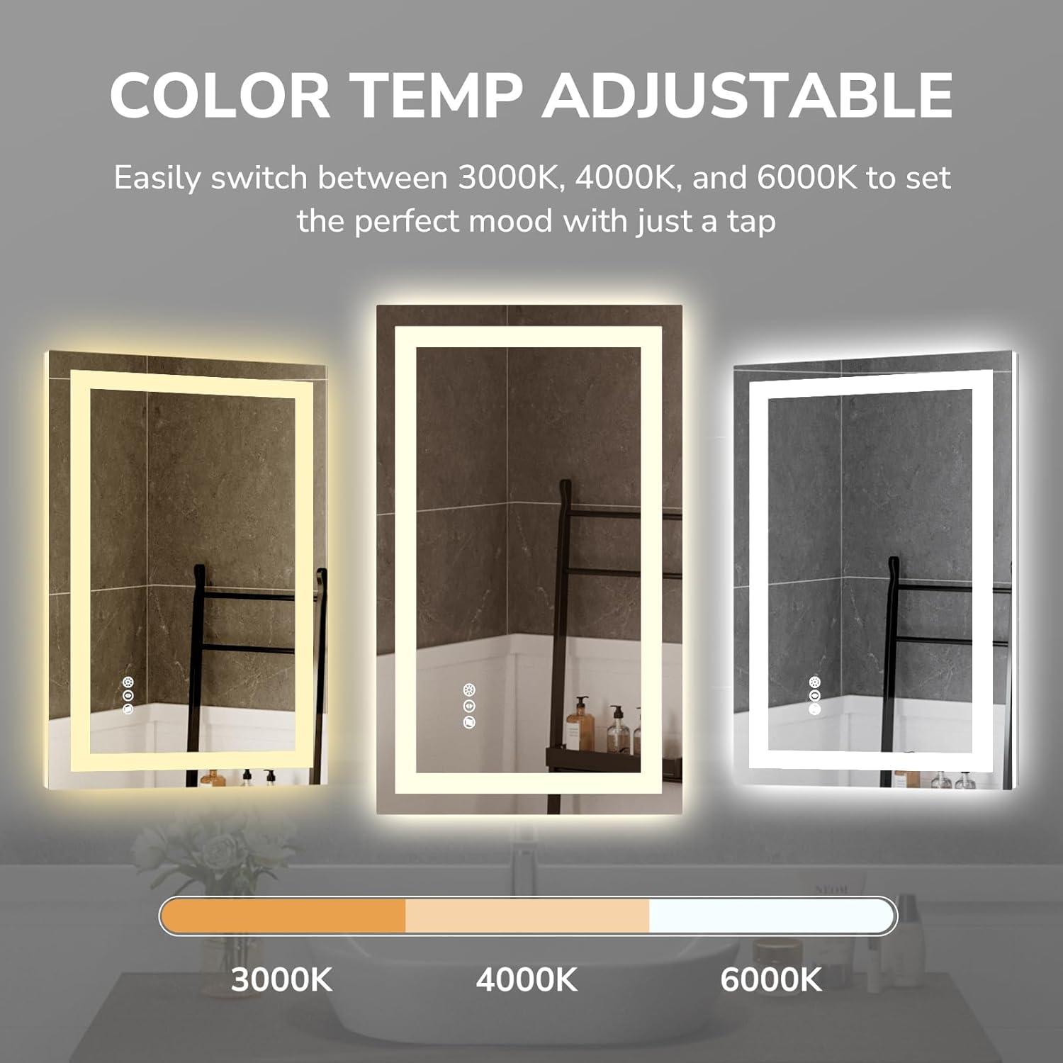 USHOWER 40x32 Inches LED Mirror for Bathroom, Frontlit & Backlit with Anti-Fog, 3 Colors Dimmable, Memory Function, Tempered Glass, ETL Listed